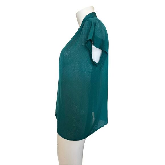 Mandarin collar tiny diamond patch spring emerald green flowy short sleeve blous - Picture 2 of 3